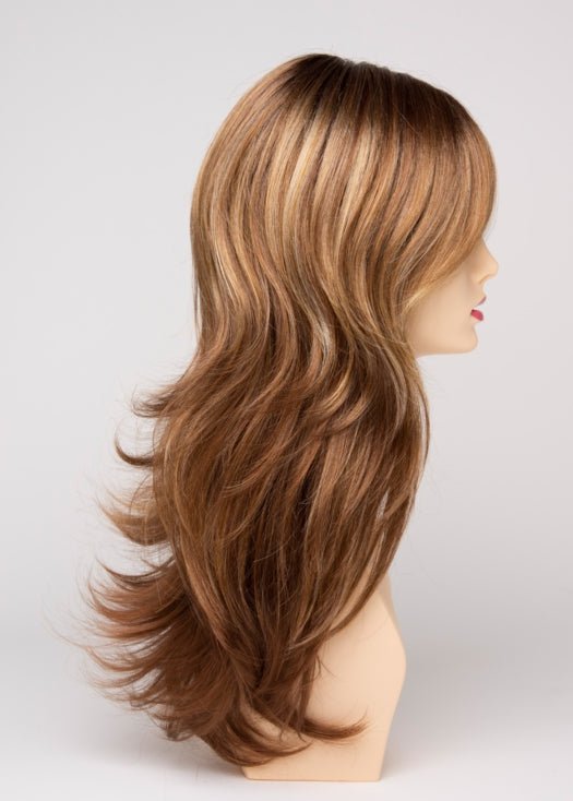 GOLDEN NUTMEG | Medium Brown roots with overall Warm Cinnamon base and Golden Blonde highlights