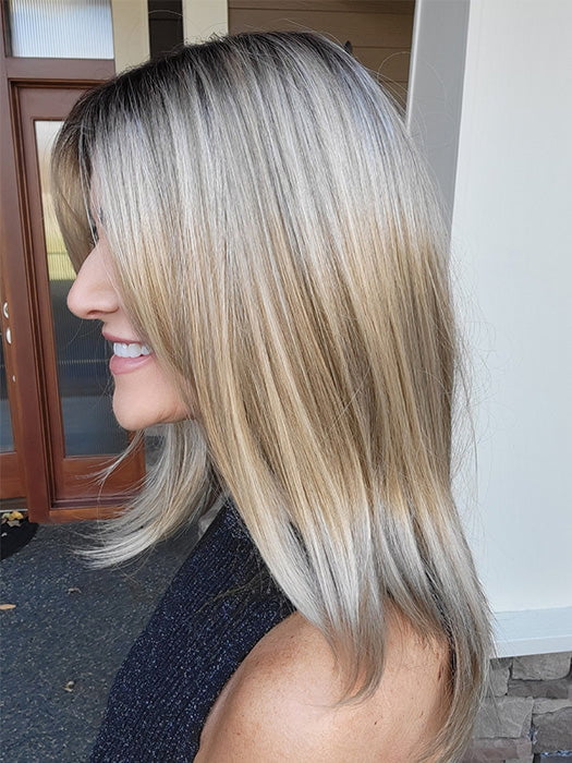 Natalie Gray @vanish.into.thin.hair wearing JILLIAN by JON RENAU in color 22F16S8 VENICE BLONDE | Light Ash Blonde and Light Natural Blonde Blend Shaded with Medium Brown