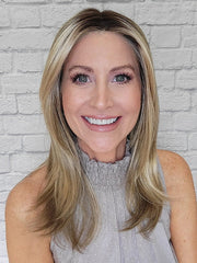 Natalie Gray @vanish.into.thin.hair wearing JILLIAN by JON RENAU in color 22F16S8 VENICE BLONDE | Light Ash Blonde and Light Natural Blonde Blend Shaded with Medium Brown