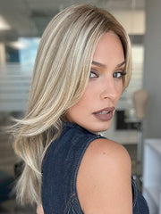 Model is wearing JILLIAN by JON RENAU in color 12FS12 MALIBU BLONDE | LIght Gold Brown, Light Natural Gold Blonde, Pale Natural Gold-Blonde Blend, Shaded with Light Gold Brown