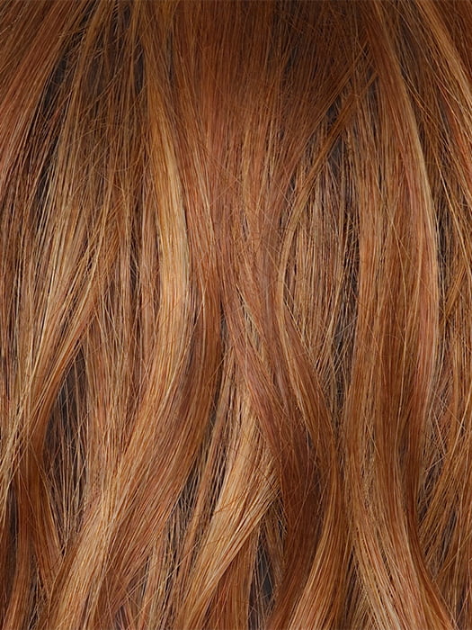 RUSTY-SUNRISE-R | Dark brown roots transition into a deep auburn tone with light copper blonde highlights for depth and dimension.