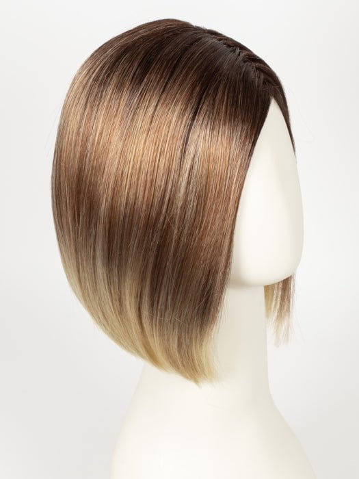 MELTED-SUNSET | Medium Brown Roots that Melt into a Peachy Light Brown Blend layered on top of Apricot Blonde and Intense Gold Blonde at Nape